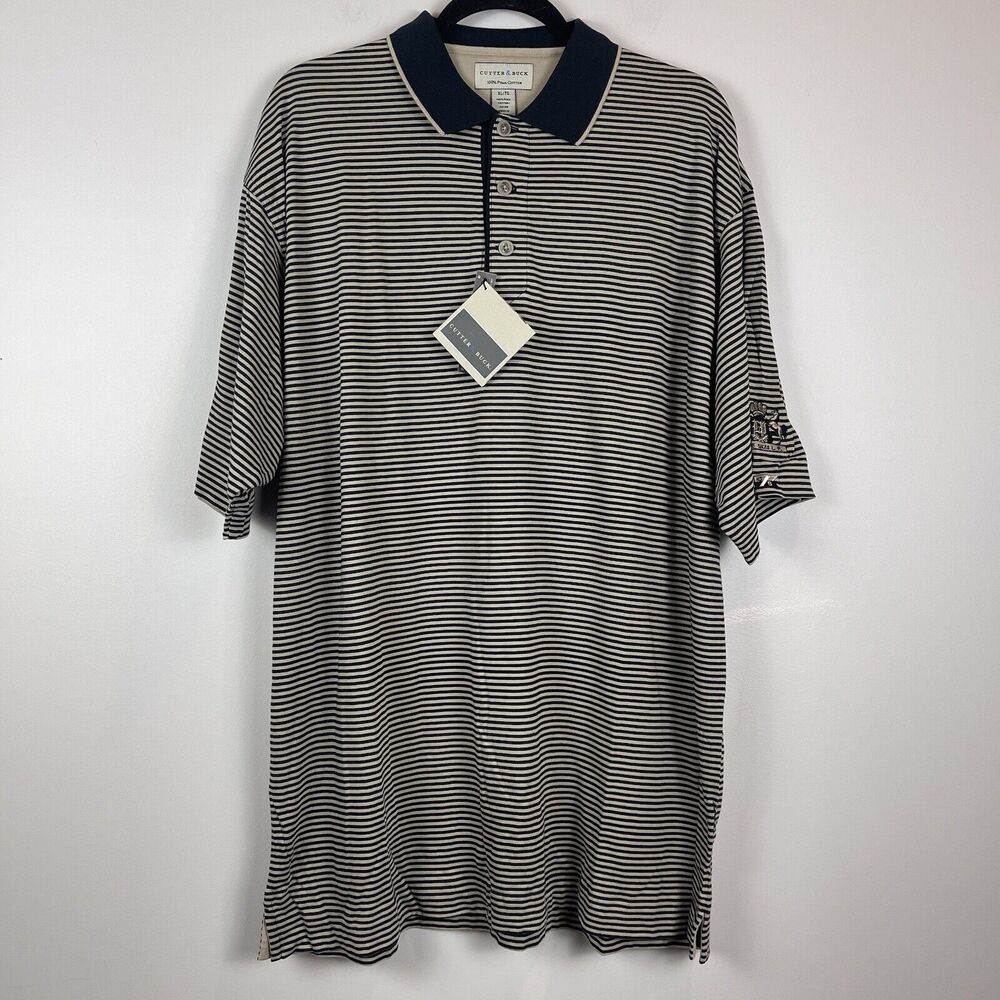 Cutter & Buck Mens Polo Shirt XL Black Tan Striped Everyday‎ Casual Preppy LOGO